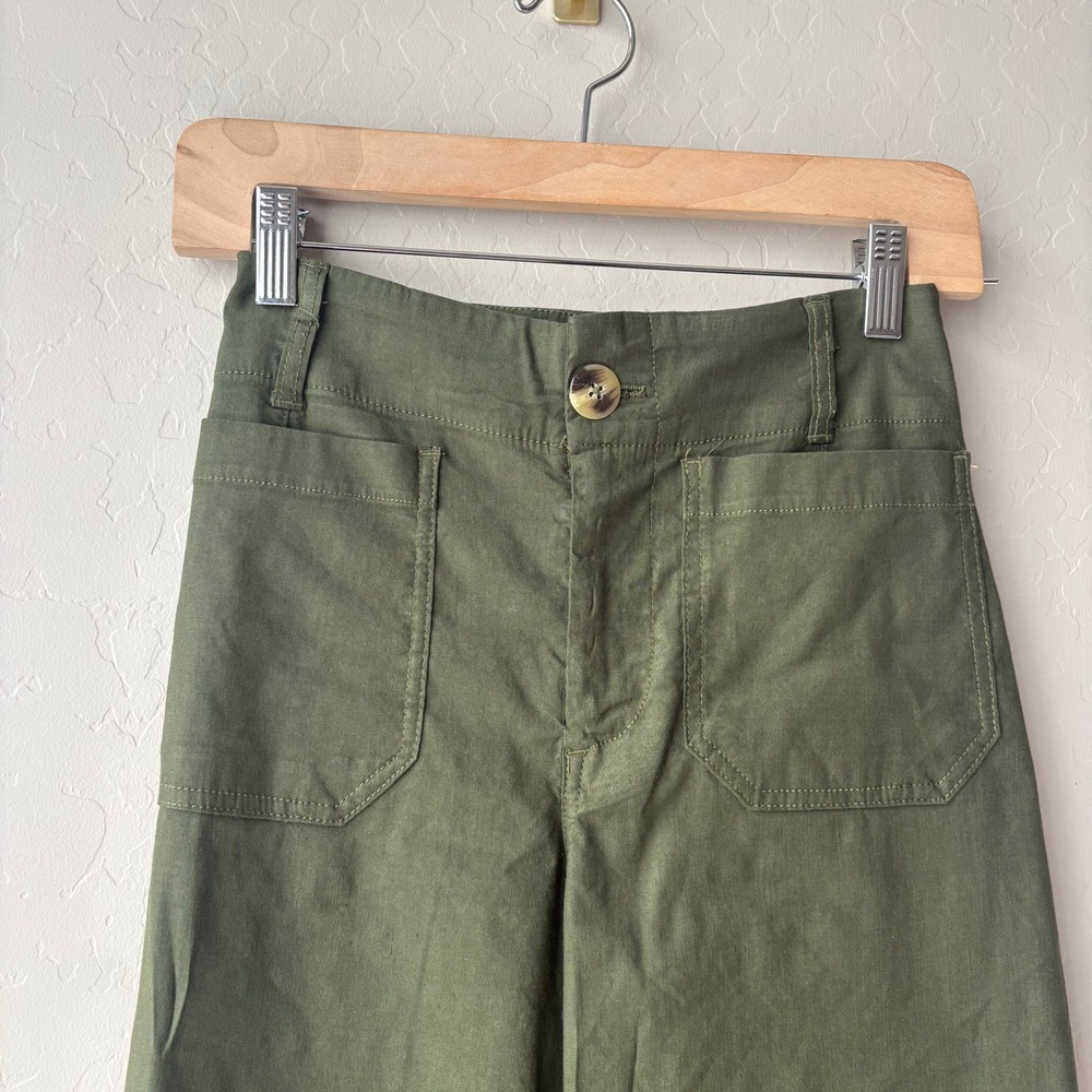 Maeve Anthropologie Colette Wide Leg Cropped Pants Green Utility Linen Size 24P - Picture 3 of 7